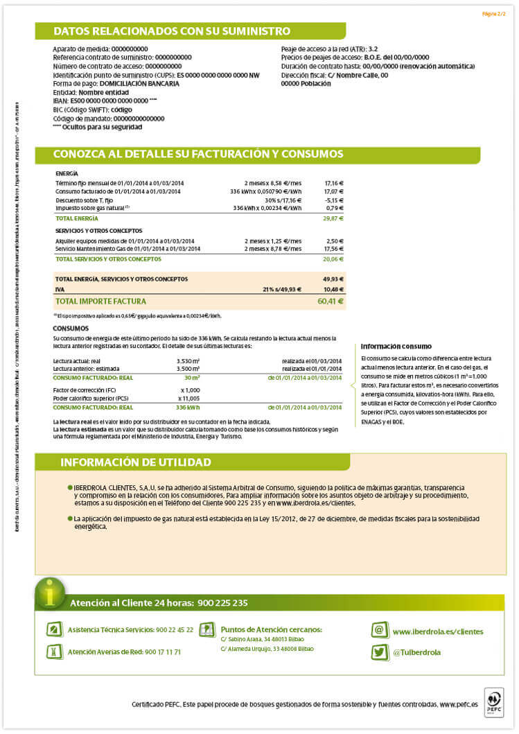 Reverso de factura de gas natural